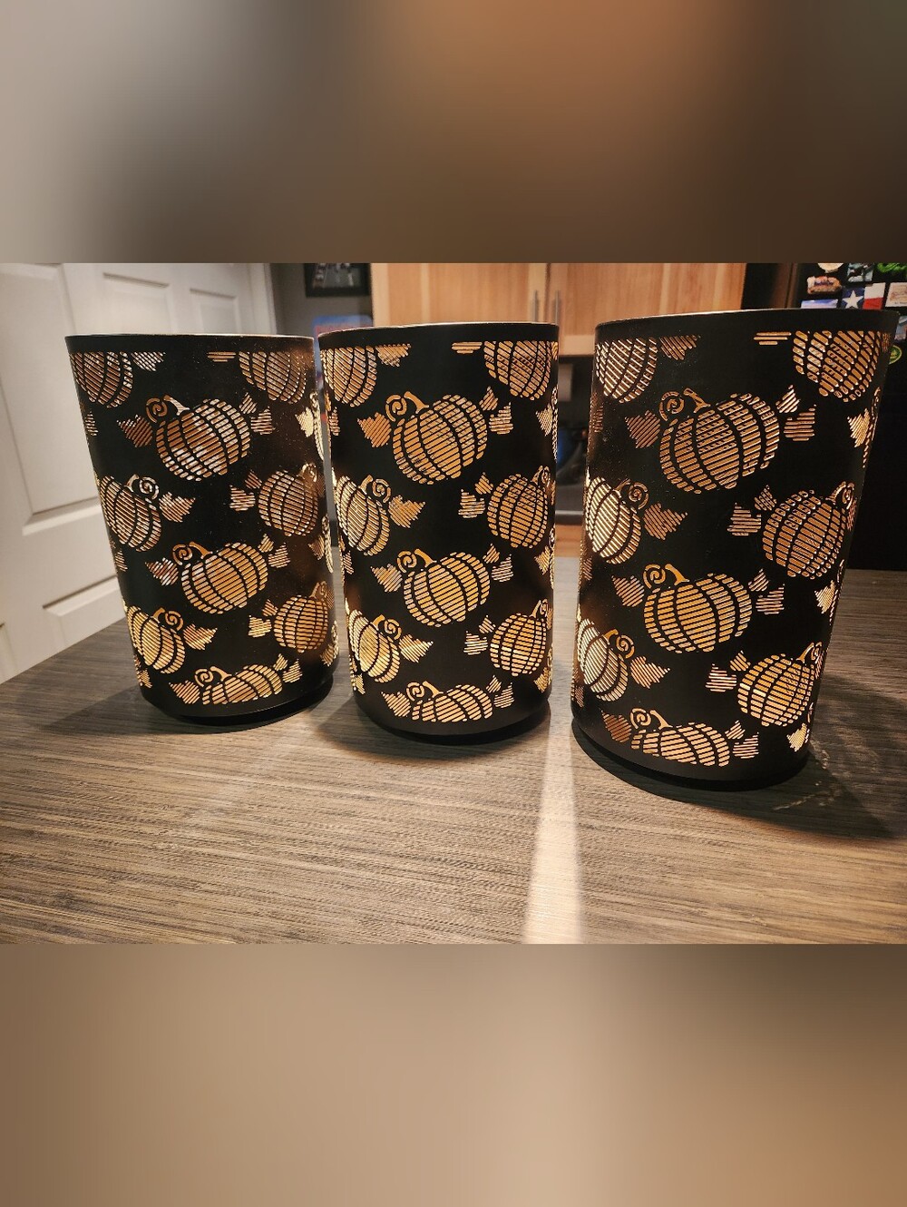 Set Of 3 Large Black and Gold Pumpkin Metal Candle Holders